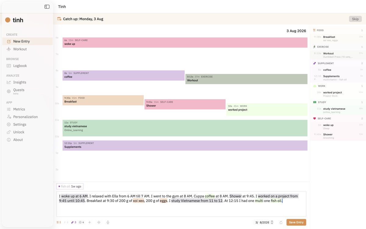 tinh on Mac, timeline view