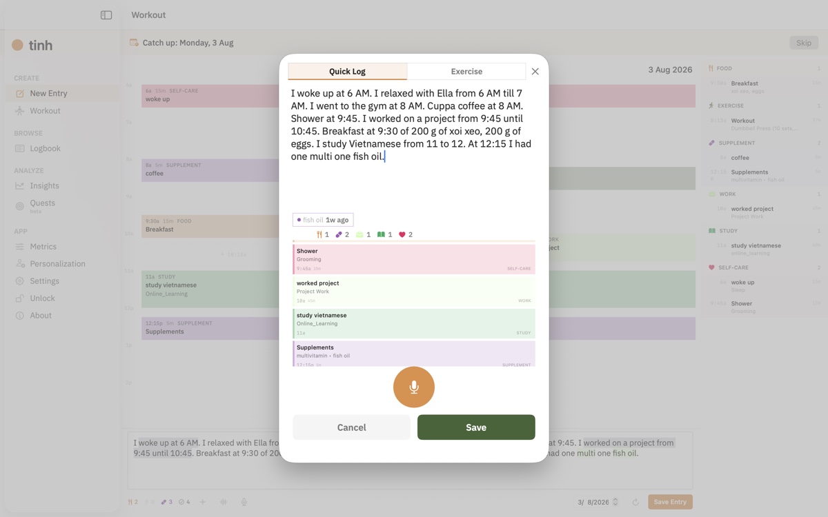 tinh on Mac, quick log entry window